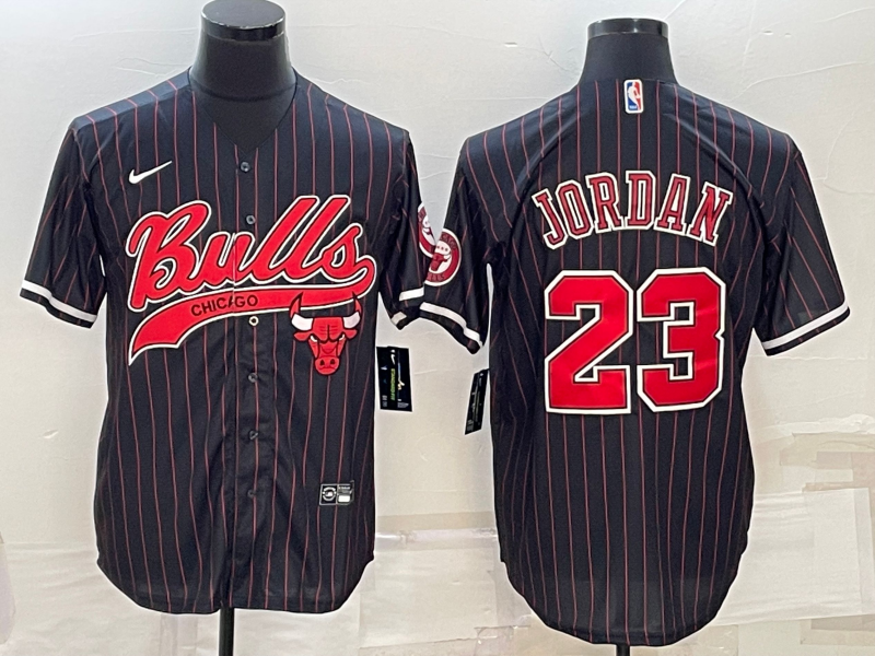 Chicago Bulls #23 Michael Jordan Black Pinstripe With Patch Cool Base Stitched Baseball Jersey