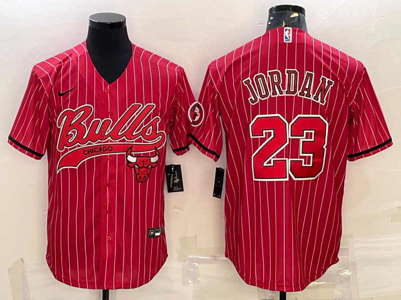 Chicago Bulls #23 Michael Jordan Red Pinstripe With Patch Cool Base Stitched Baseball Jersey
