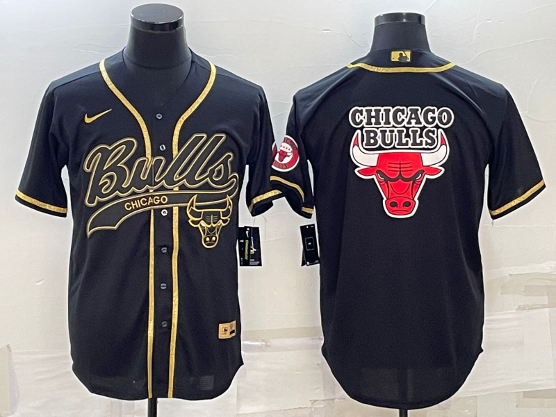 Chicago Bulls Black Gold Team Big Logo With Patch Cool Base Stitched Baseball Jersey
