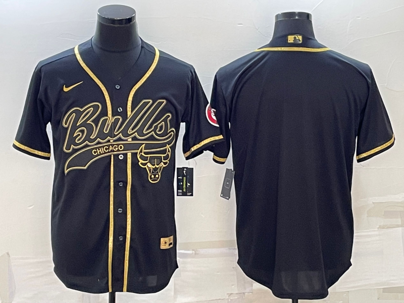 Chicago Bulls Blank Black Gold With Patch Cool Base Stitched Baseball Jersey