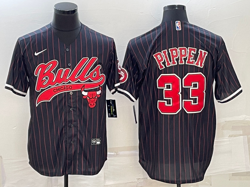 Chicago Bulls #33 Scottie Pippen Black Pinstripe With Patch Cool Base Stitched Baseball Jersey