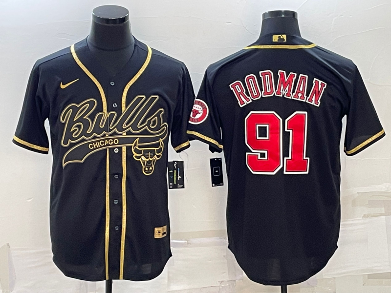 Chicago Bulls #91 Dennis Rodman Black Gold With Patch Cool Base Stitched Baseball Jersey