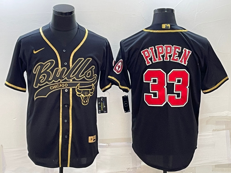 Chicago Bulls #33 Scottie Pippen Black Gold With Patch Cool Base Stitched Baseball Jersey