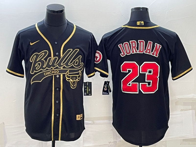 Chicago Bulls #23 Michael Jordan Black Gold With Patch Cool Base Stitched Baseball Jersey