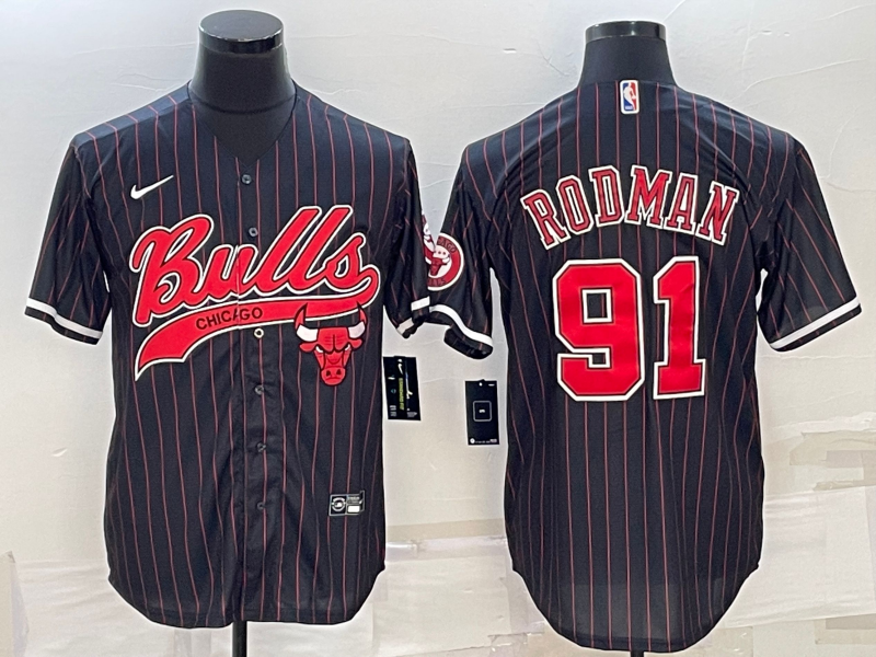 Chicago Bulls #91 Dennis Rodman Black Pinstripe With Patch Cool Base Stitched Baseball Jersey