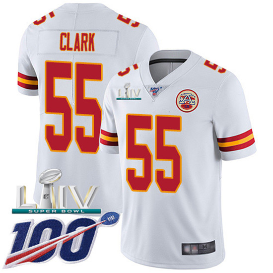 2020 Kansas City Chiefs #55 Frank Clark White Super Bowl LIV 2020 Youth Stitched NFL 100th Season Va