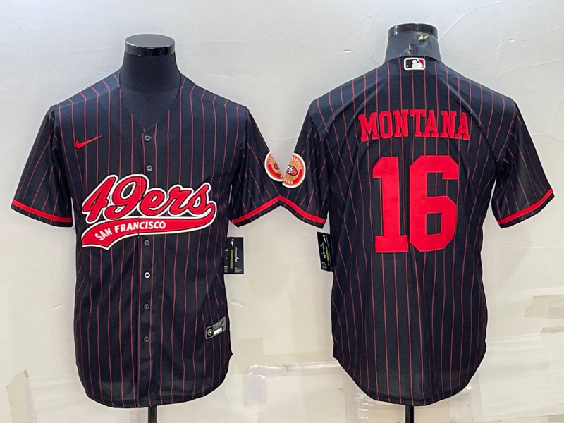 San Francisco 49ers #16 Joe Montana Black With Patch Cool Base Stitched Baseball Jersey