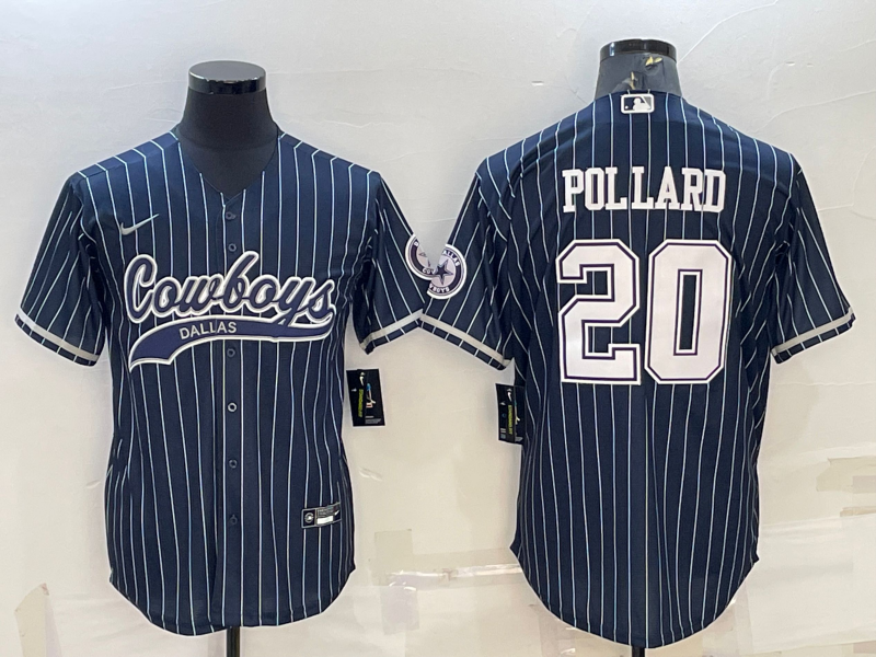 Dallas Cowboys #20 Tony Pollard Navy Blue Pinstripe With Patch Cool Base Stitched Baseball Jersey