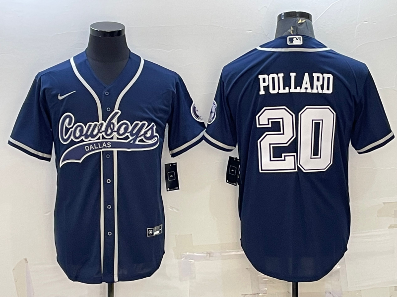 Dallas Cowboys #20 Tony Pollard Navy With Patch Cool Base Stitched Baseball Jersey