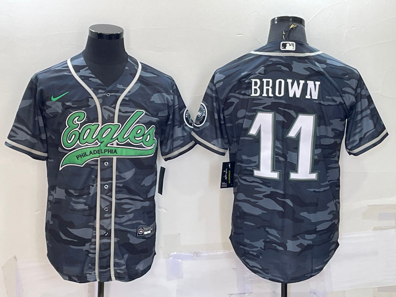 Philadelphia Eagles #11 AJ Brown Grey Camo With Patch Cool Base Stitched Baseball Jersey