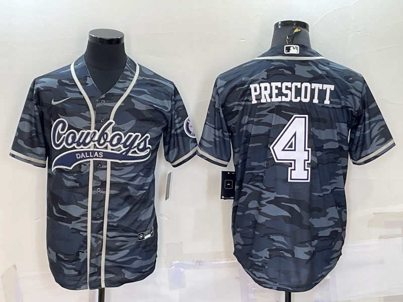 Dallas Cowboys #4 Dak Prescott Grey Camo With Patch Cool Base Stitched Baseball Jersey
