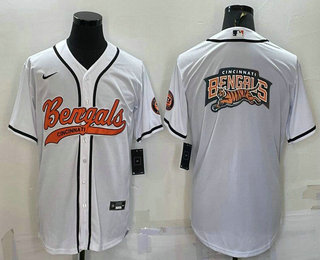 Cincinnati Bengals White Team Big Logo With Patch Cool Base Stitched Baseball Jersey