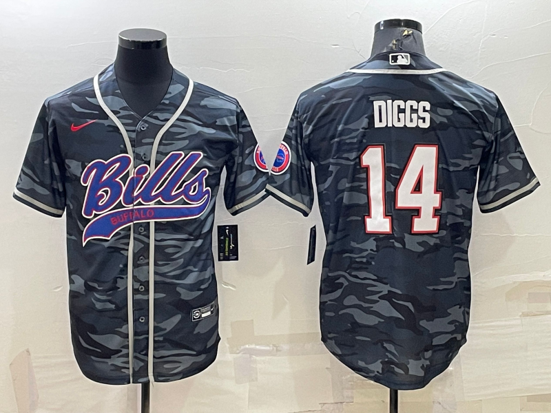 Buffalo Bills Blank #14 Stefon Diggs Grey Navy Camo With Patch Cool Base Stitched Baseball Jersey