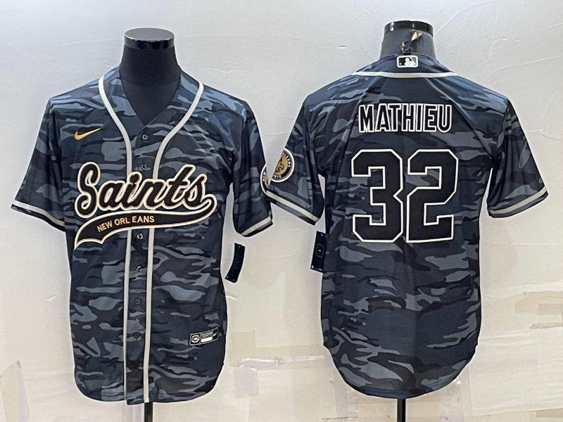 New Orleans Saints #32 Tyrann Mathieu Grey Camo With Patch Cool Base Stitched Baseball Jersey