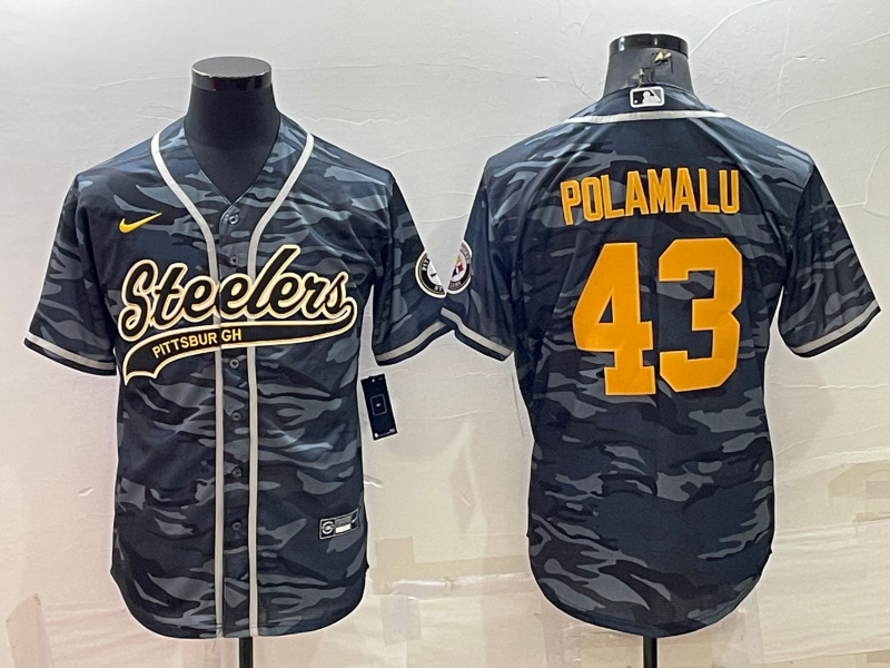 Pittsburgh Steelers #43 Troy Polamalu Grey Navy Camo With Patch Cool Base Stitched Baseball Jersey