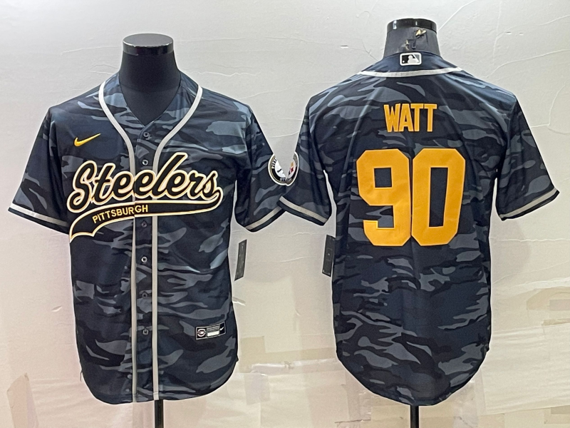 Pittsburgh Steelers #90 TJ Watt Grey Navy Camo With Patch Cool Base Stitched Baseball Jersey