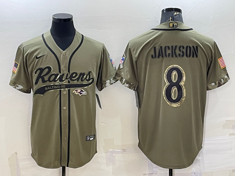 Baltimore Ravens #8 Lamar Jackson Olive 2022 Salute to Service Cool Base Stitched Baseball Jersey