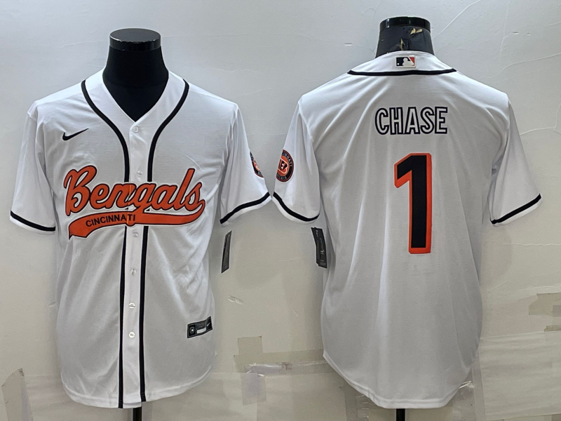 Cincinnati Bengals #1 JaMarr Chase White With Patch Cool Base Stitched Baseball Jersey