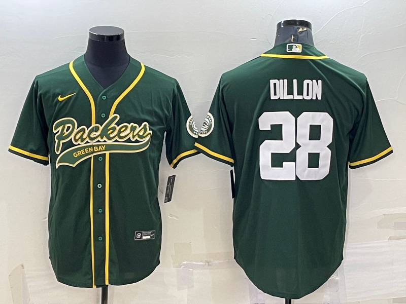 Green Bay Packers #28 AJ Dillon Green With Patch Cool Base Stitched Baseball Jersey