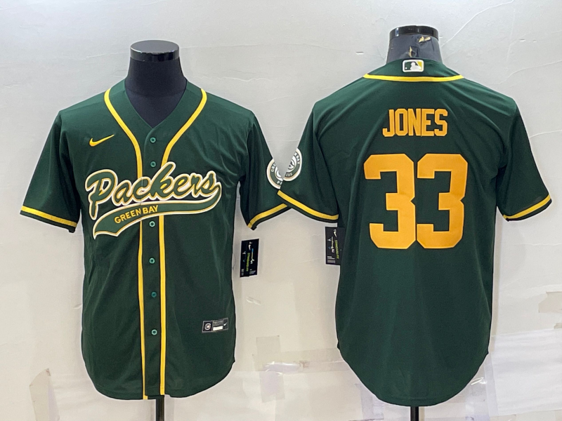 Green Bay Packers #33 Aaron Jones Green Yellow With Patch Cool Base Stitched Baseball Jersey