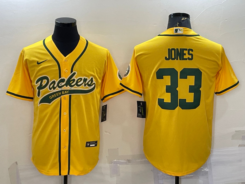 Green Bay Packers #33 Aaron Jones Yellow With Patch Cool Base Stitched Baseball Jersey - Click Image to Close
