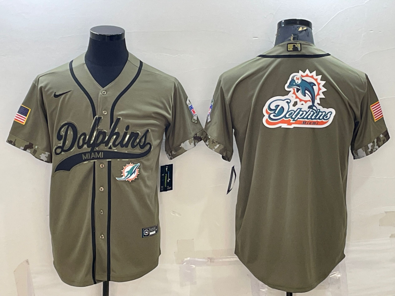 Miami Dolphins Olive Salute to Service Team Big Logo Cool Base Stitched Baseball Jersey