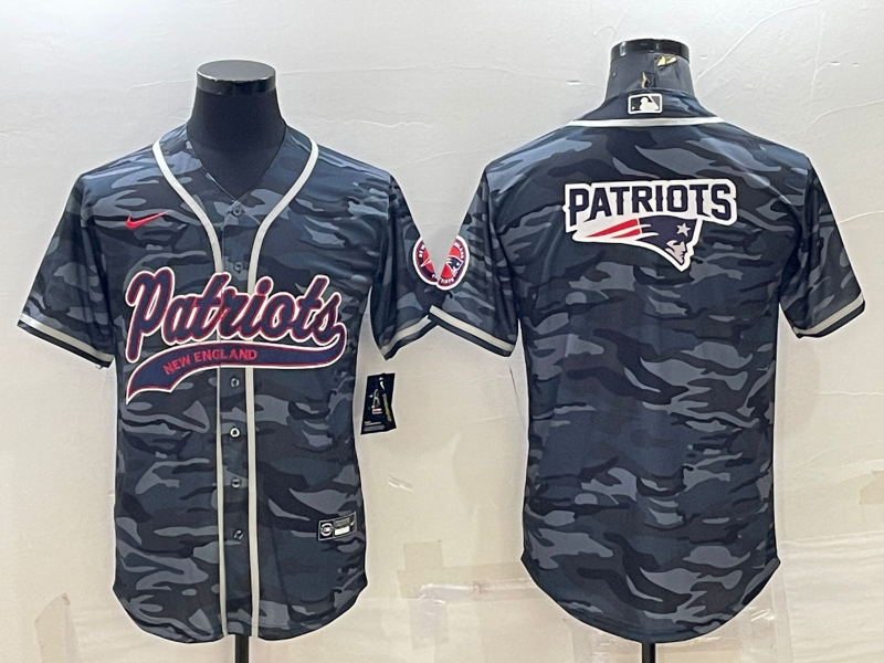 New England Patriots Grey Camo Team Big Logo With Patch Cool Base Stitched Baseball Jersey