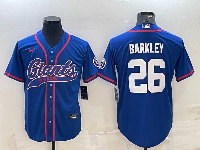 New York Giants #26 Saquon Barkley Blue With Patch Cool Base Stitched Baseball Jersey