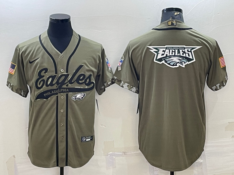 Philadelphia Eagles Olive Salute to Service Team Big Logo Cool Base Stitched Baseball Jersey