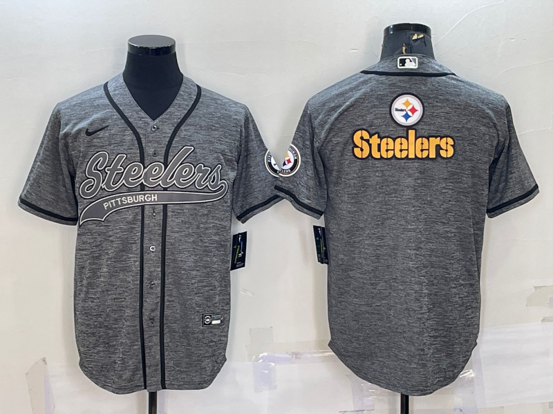 Pittsburgh Steelers Grey Gridiron Team Big Logo Cool Base Stitched Baseball Jersey