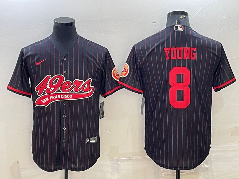San Francisco 49ers #8 Steve Young Black Pinstripe With Patch Cool Base Stitched Baseball Jersey