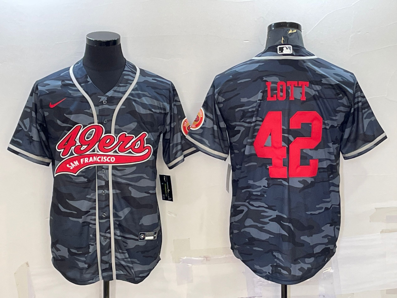 San Francisco 49ers #42 Ronnie Lott Grey Camo With Patch Cool Base Stitched Baseball Jersey