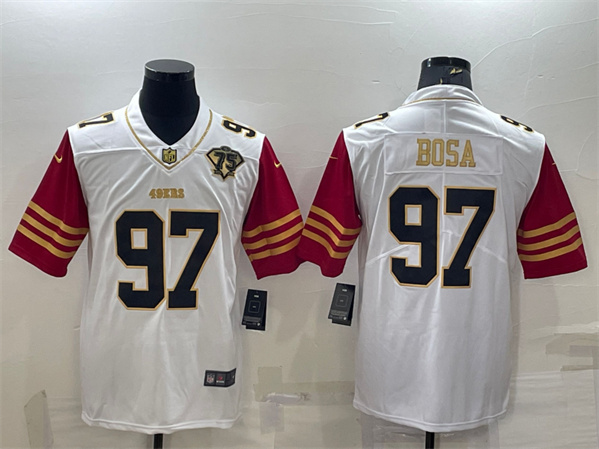San Francisco 49ers #97 Nick Bosa White Gold Edition With 75TH Patch Limited Stitched Football Jerse