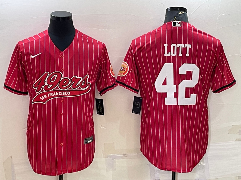 San Francisco 49ers #42 Ronnie Lott Red Pinstripe With Patch Cool Base Stitched Baseball Jersey