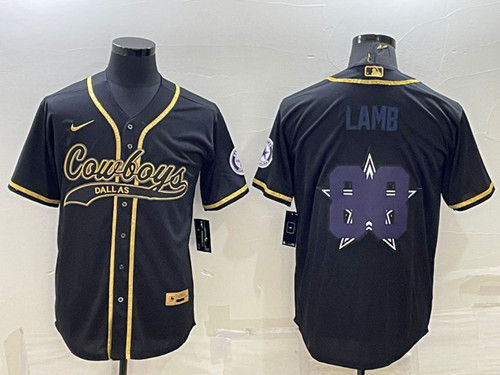 Dallas Cowboys #88 CeeDee Lamb Black Gold Team Big Logo With Patch Cool Base Stitched Baseball Jerse