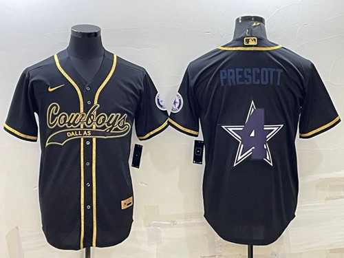 Dallas Cowboys #4 Dak Prescott Black Gold Team Big Logo With Patch Cool Base Stitched Baseball Jerse