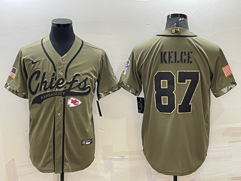 Kansas City Chiefs #87 Travis Kelce 2022 Olive Salute to Service Cool Base Stitched Baseball Jersey