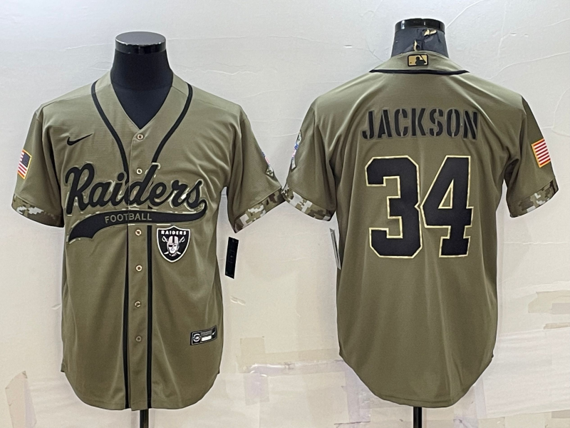 Las Vegas Raiders #34 Bo Jackson 2022 Olive Salute to Service Cool Base Stitched Baseball Jersey