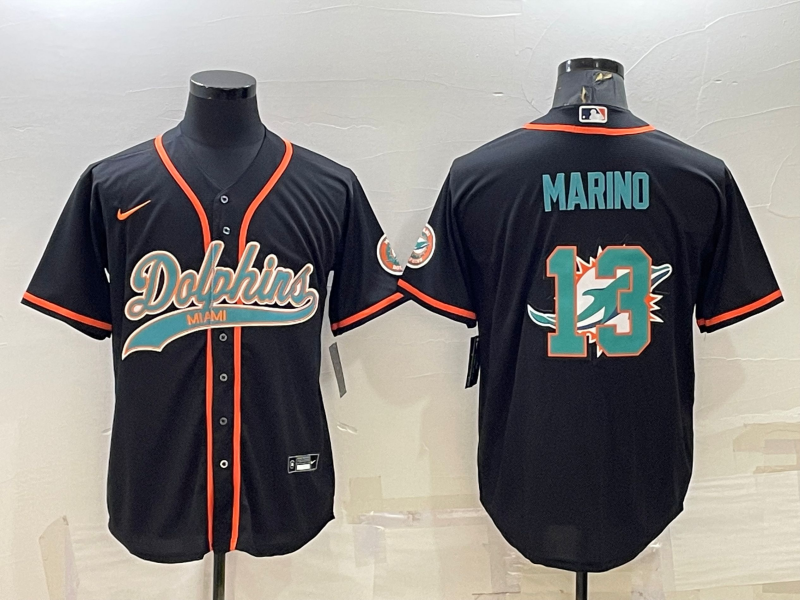 Miami Dolphins #13 Dan Marino Black Team Big Logo With Patch Cool Base Stitched Baseball Jersey