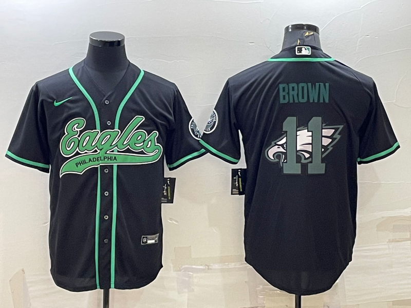 Philadelphia Eagles #11 AJ Brown Black Team Big Logo With Patch Cool Base Stitched Baseball Jersey