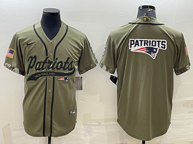 New England Patriots Olive Salute to Service Team Big Logo Cool Base Stitched Baseball Jersey