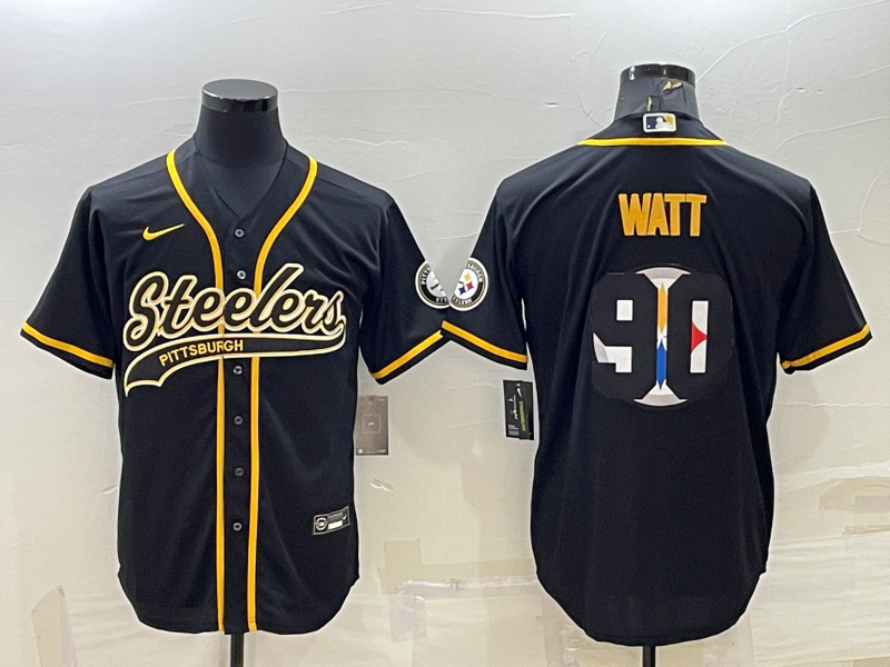 Pittsburgh Steelers #90 TJ Watt Black Team Big Logo With Patch Cool Base Stitched Baseball Jersey