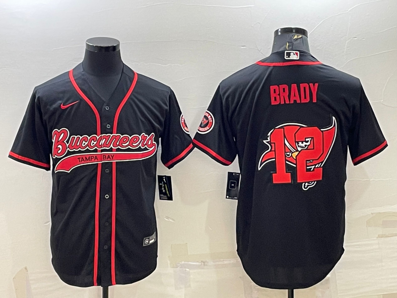 Tampa Bay Buccaneers #12 Tom Brady Black Team Big Logo With Patch Cool Base Stitched Baseball Jersey