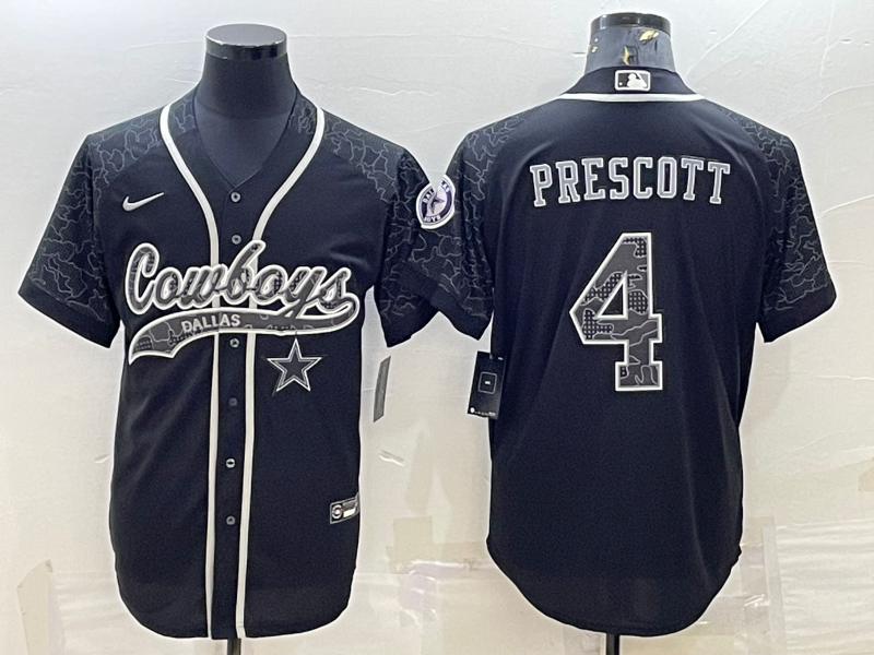 Dallas Cowboys #4 Dak Prescott Black Reflective With Patch Cool Base Stitched Baseball Jersey