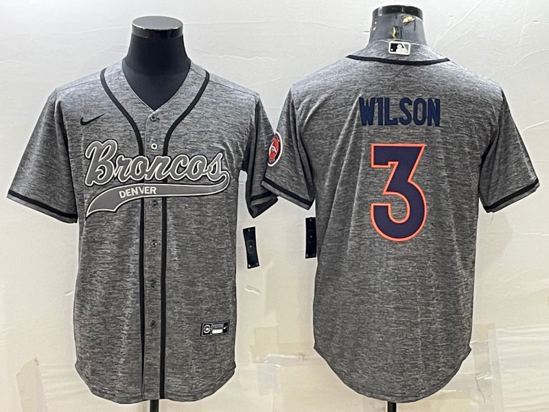 Denver Broncos #3 Russell Wilson Grey Gridiron With Patch Cool Base Stitched Baseball Jersey