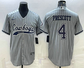 Dallas Cowboys #4 Dak Prescott Grey Pinstripe With Patch Cool Base Stitched Baseball Jersey