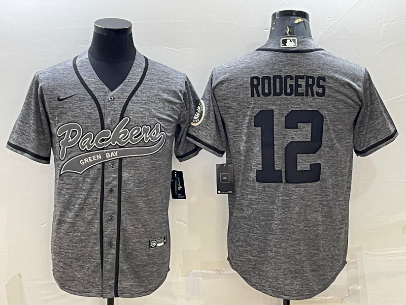 Green Bay Packers #12 Aaron Rodgers Grey Gridiron With Patch Cool Base Stitched Baseball Jersey