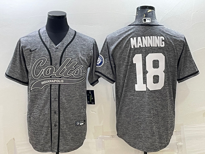 Indianapolis Colts #18 Peyton Manning Grey Gridiron With Patch Cool Base Stitched Baseball Jersey