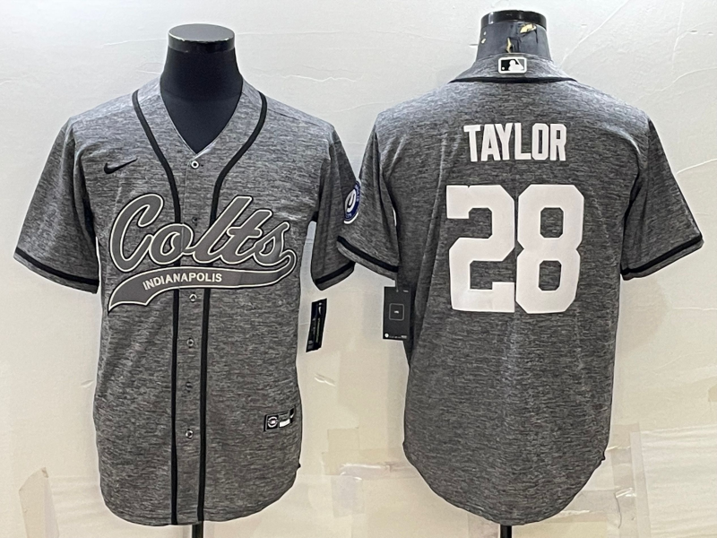 Indianapolis Colts #28 Jonathan Taylor Grey Gridiron With Patch Cool Base Stitched Baseball Jerseys