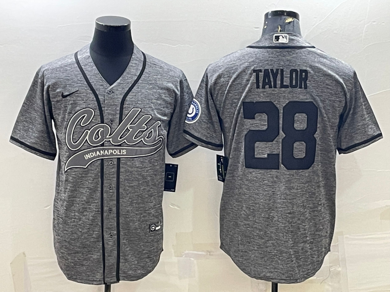 Indianapolis Colts #28 Jonathan Taylor Grey Gridiron With Patch Cool Base Stitched Baseball Jersey